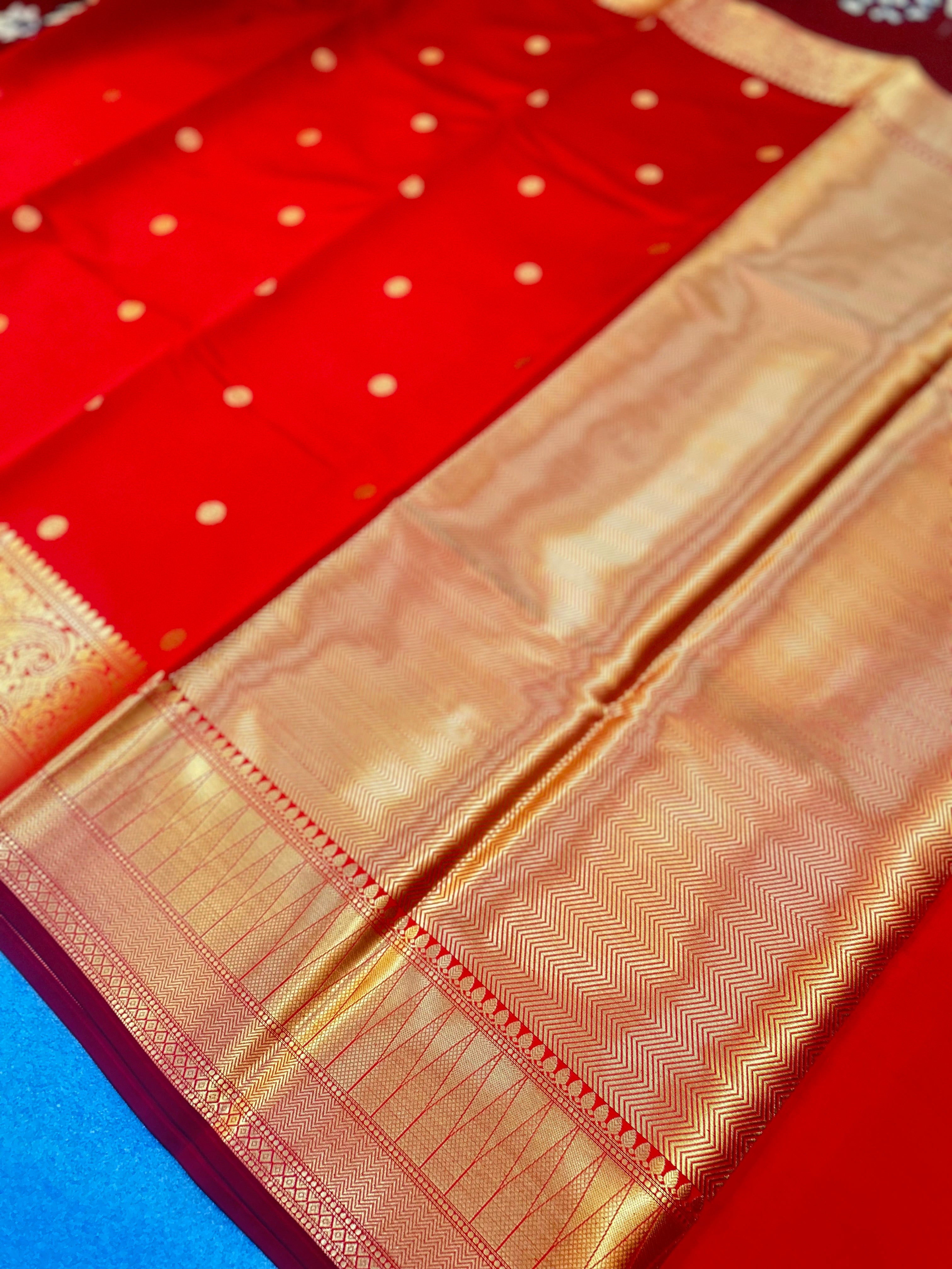 Rich Red Katan Silk Banarasi Saree with Traditional Zari Border | Elegant Wedding Saree