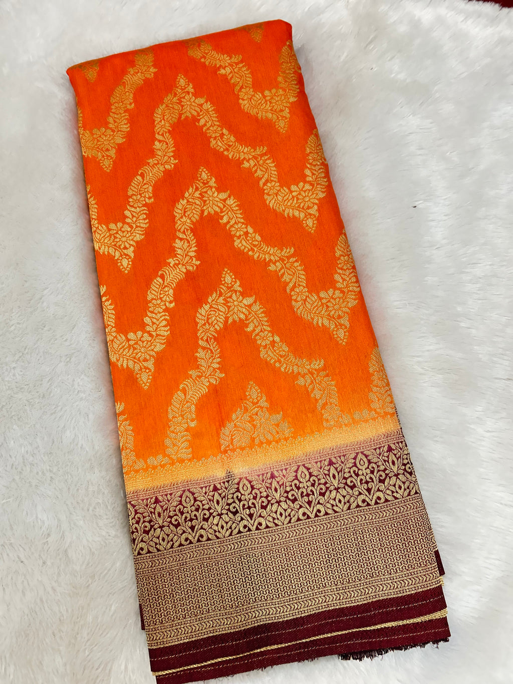 Elegant Warm Silk Banarasi Saree – Kesari Orange with Rich Maroon Zari Border