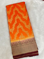 Elegant Warm Silk Banarasi Saree – Kesari Orange with Rich Maroon Zari Border