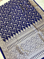 Royal Navy Blue Mashroo Katan Banarasi Silk Saree with Rich Silver Zari Floral Jaal & Grand Paisley Border