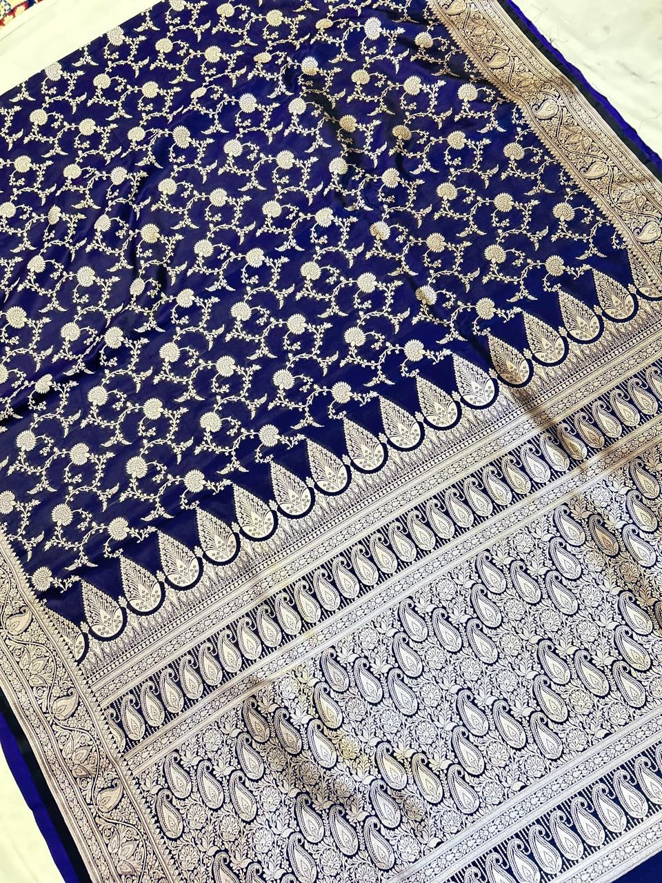 Royal Navy Blue Mashroo Katan Banarasi Silk Saree with Rich Silver Zari Floral Jaal & Grand Paisley Border