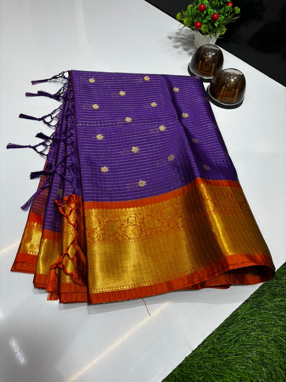 Royal Purple Katan Silk Banarasi Saree with Rich Gold Zari Border | Premium Handloom Elegance