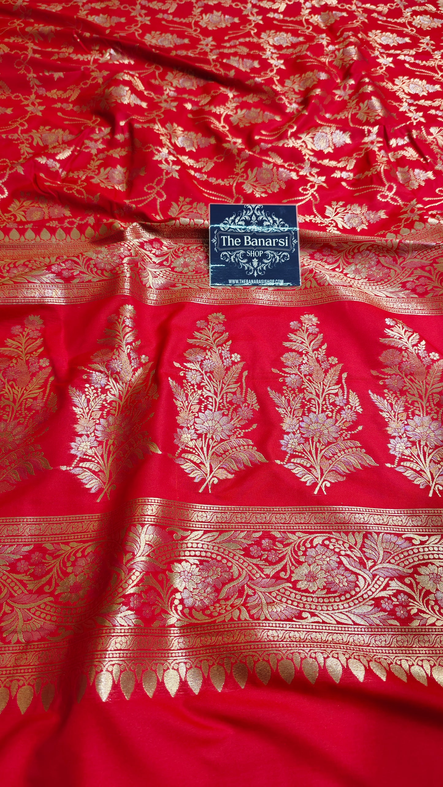 Handwoven Crimson Red Katan Silk Saree with Floral Jaal & Broad Border