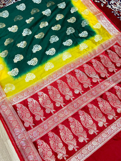 Vibrant Green-Yellow Katan Silk Saree with Red Zari Border