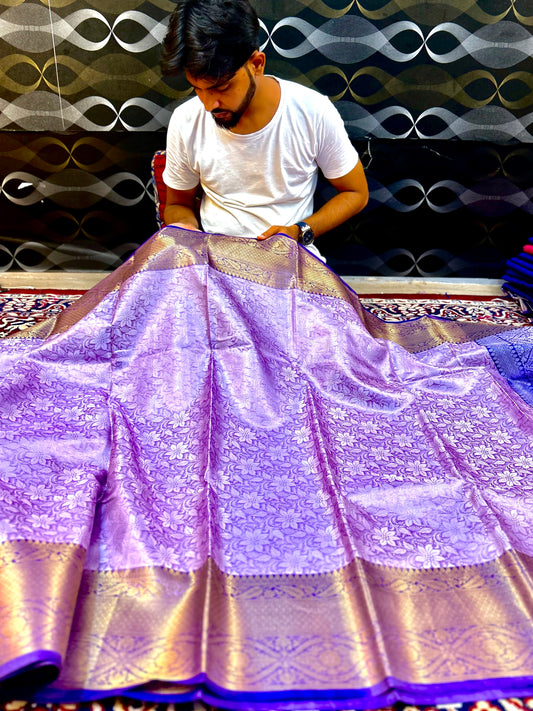 Lavender Katan Tissue Banarasi Bridal Saree with Royal Zari Border