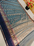 Premium Steel Grey Paisley Zari Banarasi Katan Silk Saree with Royal Blue Border