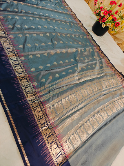 Premium Steel Grey Paisley Zari Banarasi Katan Silk Saree with Royal Blue Border