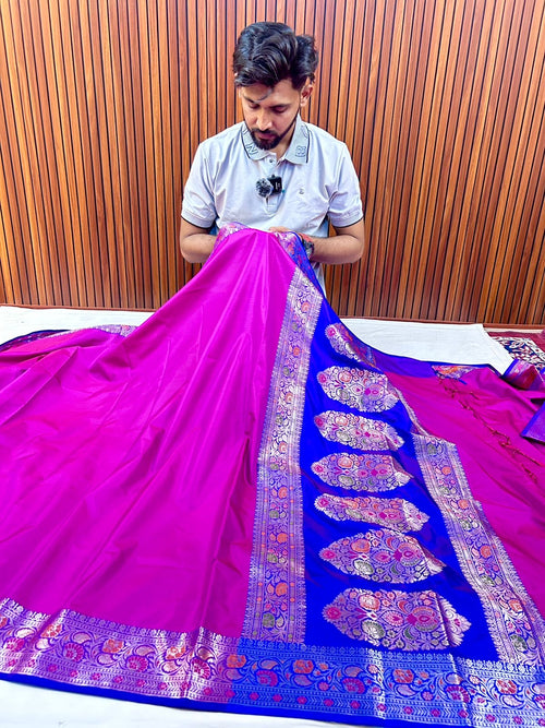 Elegant Royal Pink Banarasi Katan Silk Saree with Rich Blue Zari Border