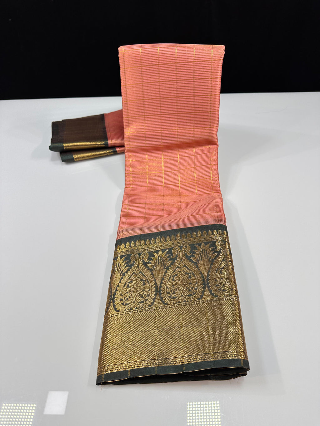 Premium Peach & Grey Katan Silk Saree with Rich Gold Zari Border | Elegant Banarasi Weave