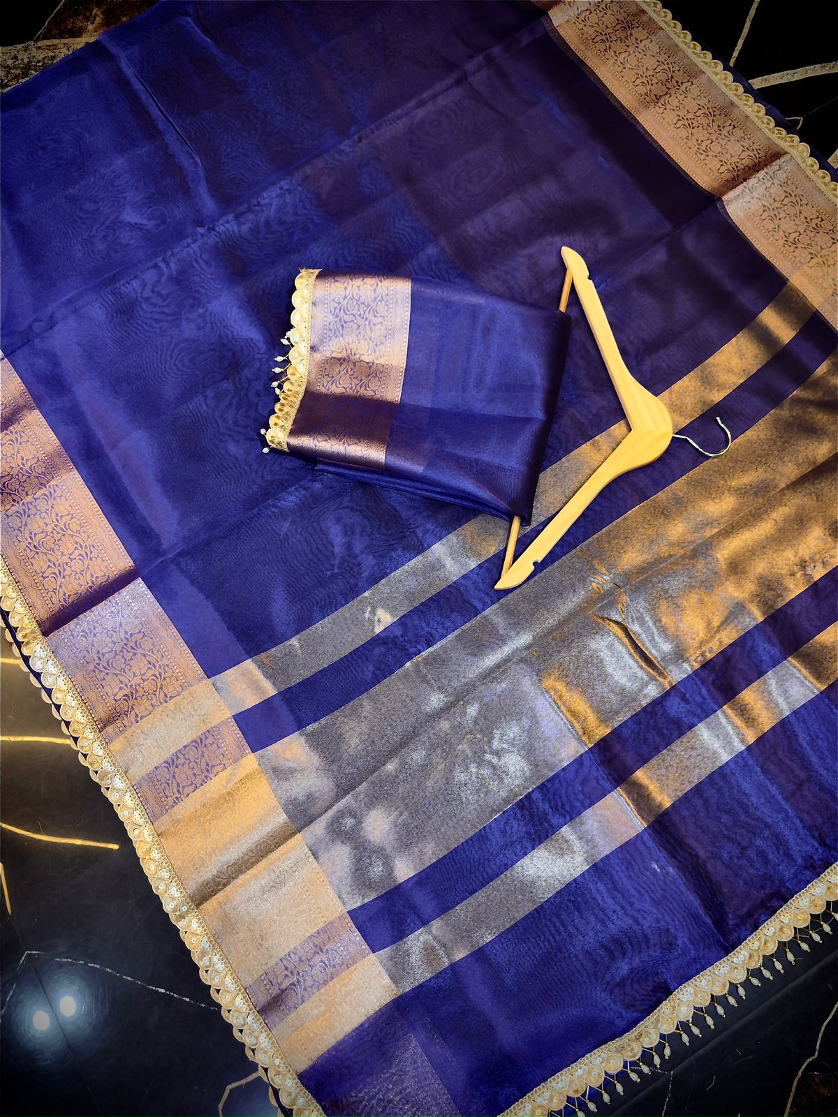 Royal Blue Tissue Attach Lace Work Banarasi Saree