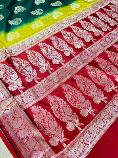 Vibrant Green-Yellow Katan Silk Saree with Red Zari Border