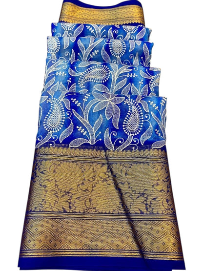 Royal Blue Chikankari Organza Saree with Rich Zari Border