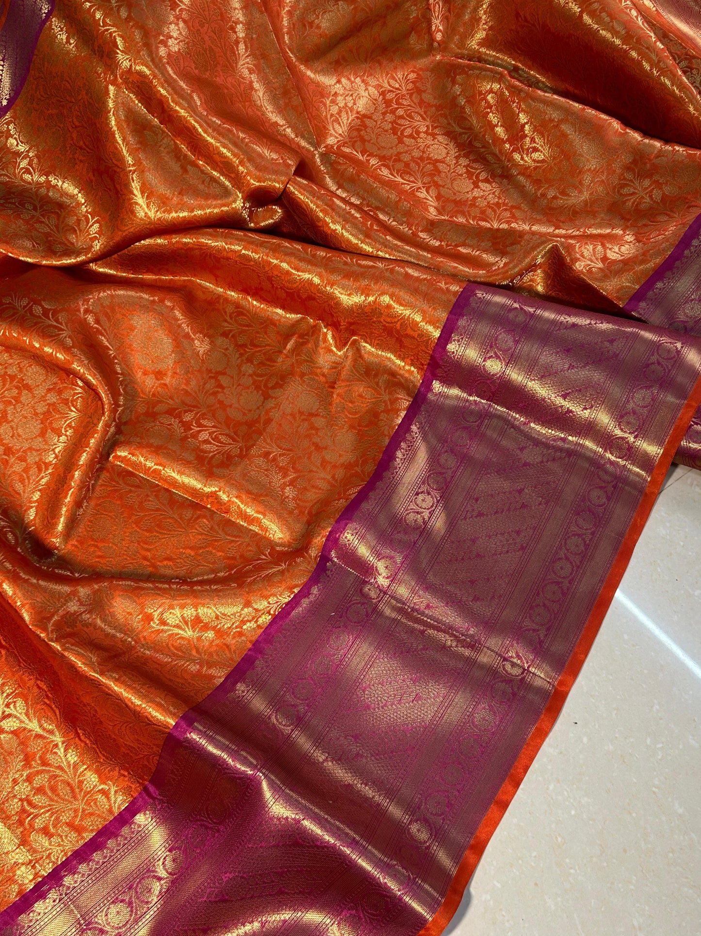 Premium Banarasi Katan Semi Silk Saree – Orange with Pink Zari Border | Bridal & Festive Wear
