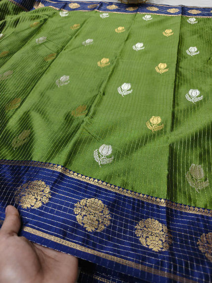 Premium Green Floral Zari Banarasi Katan Silk Saree with Royal Blue Border