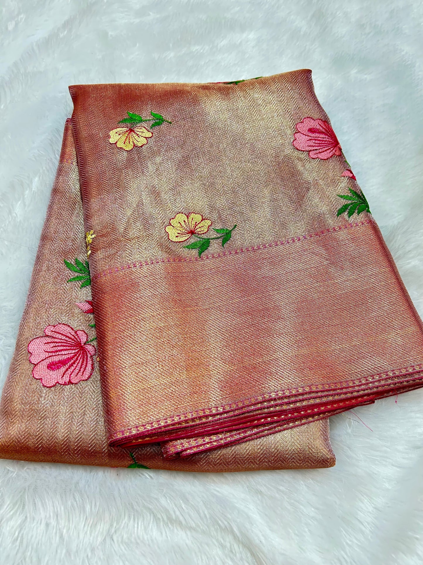 Elegant Pink Tissue Saree with Fancy Embroidery Work