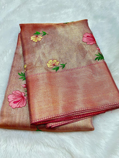 Elegant Pink Tissue Saree with Fancy Embroidery Work