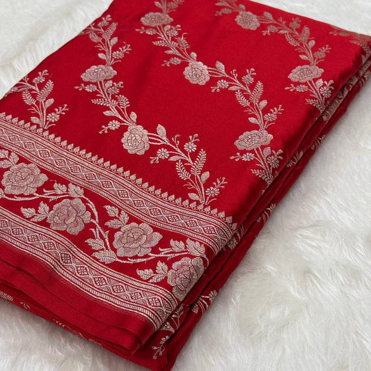 Exquisite Red Mashru Katan Silk Saree with Intricate Floral Jaal