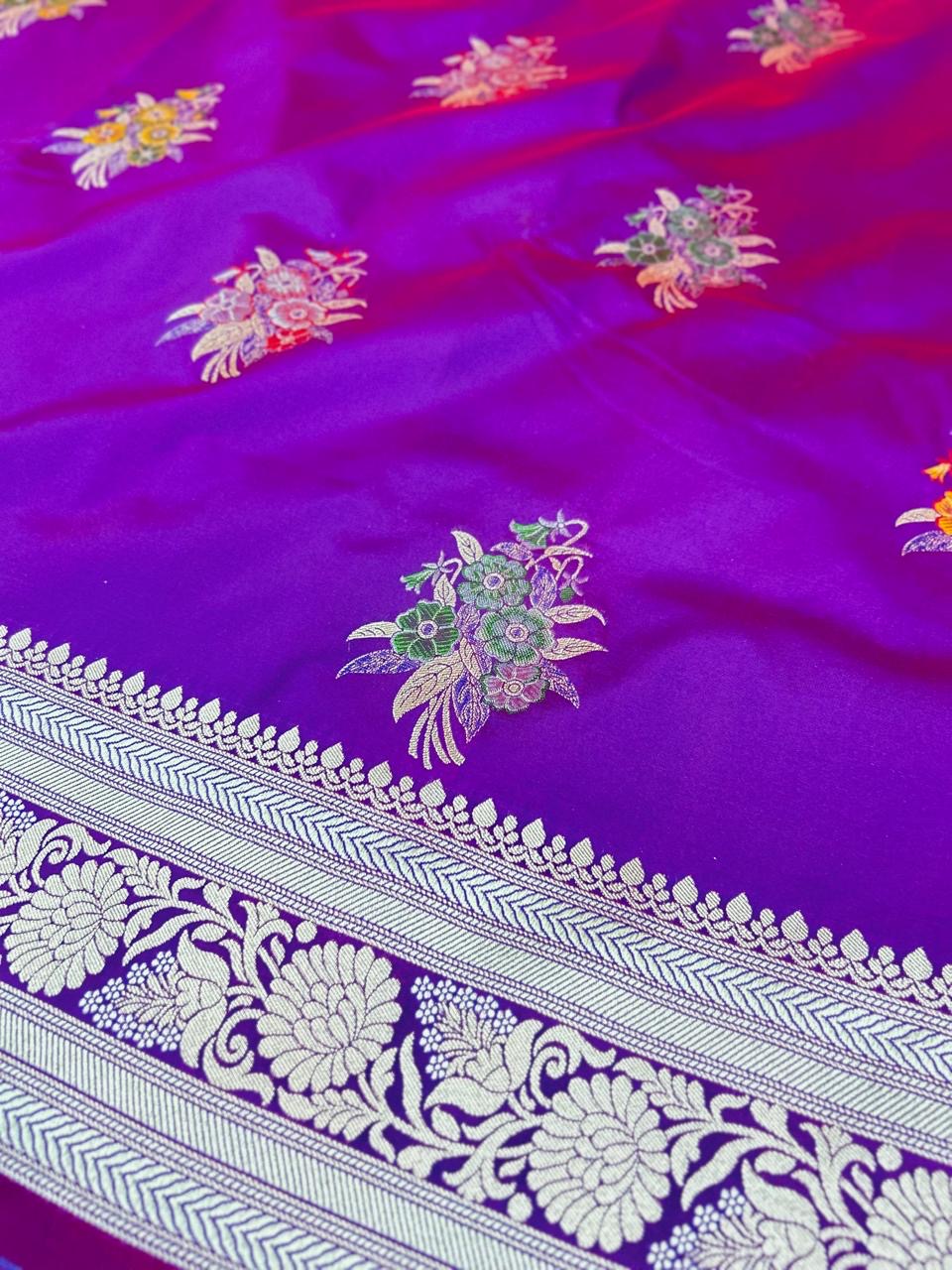 Elegant Royal Purple Mashroo Katan Banarasi Silk Saree with Multicolor Floral Zari & Designer Pallu
