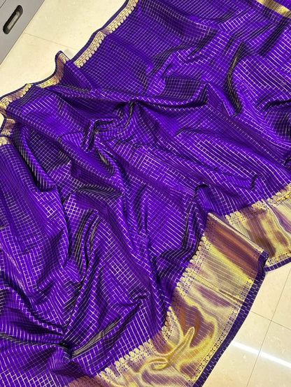 Celebrity Inspired Royal Purple Katan Silk Saree with Golden Zari Border & Checks