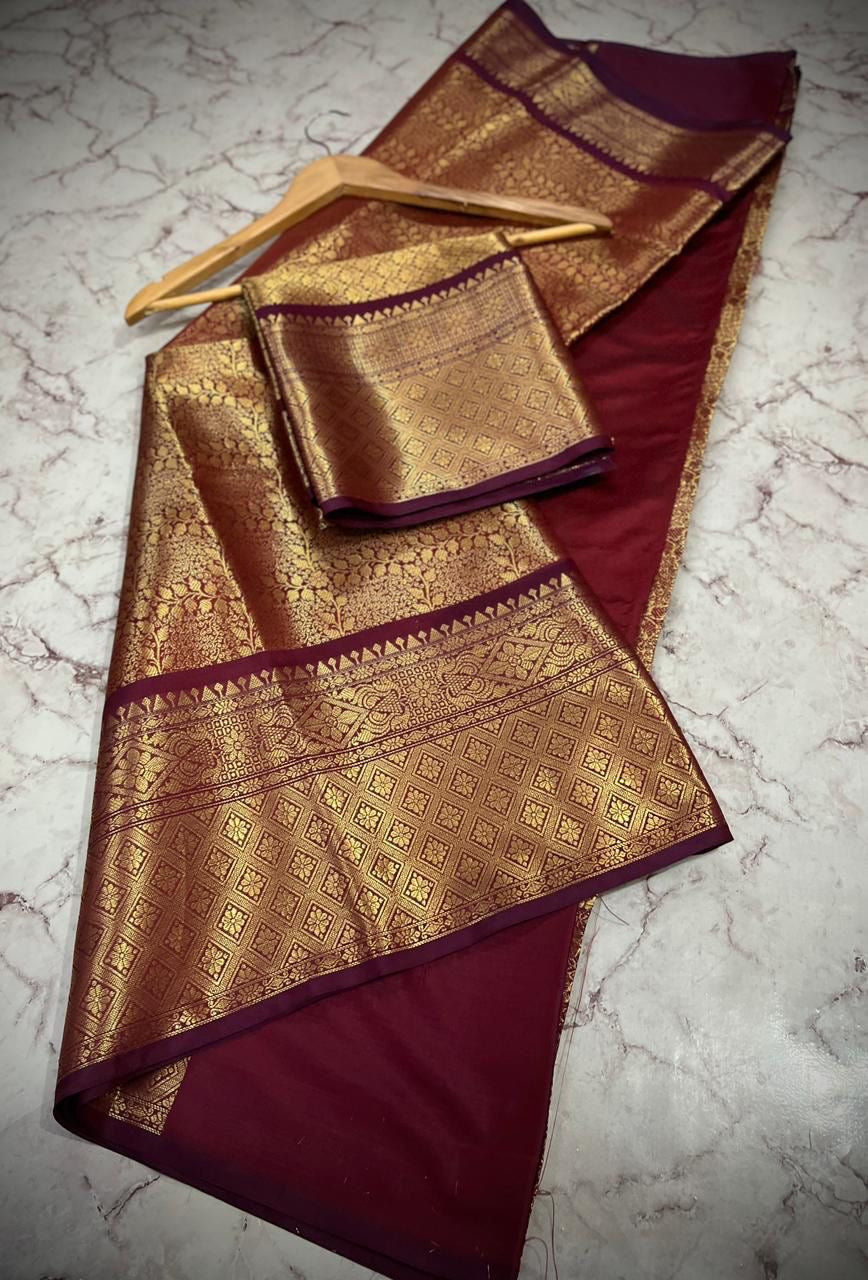 Elegant Copper Gold Banarasi Katan Silk Saree with Rich Zari Weaving & Brocade Blouse Piece