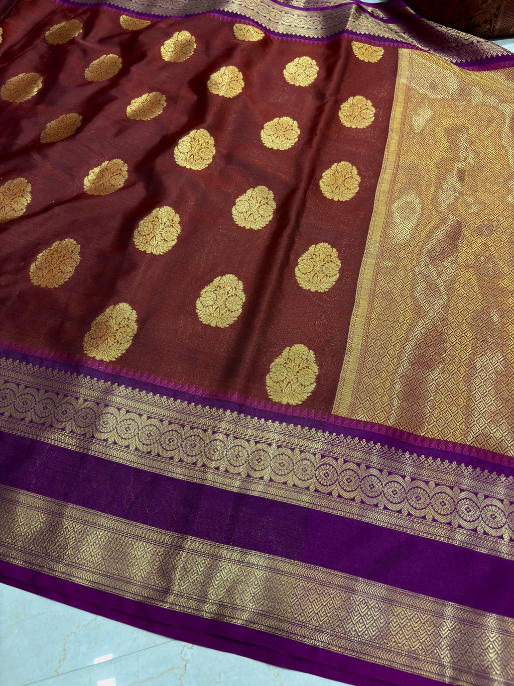 Royal Maroon Semi Katan Silk Banarasi Saree with Purple Border & Rich Zari Buti | Wedding Wear