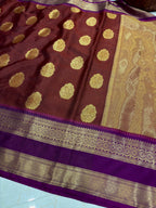 Royal Maroon Semi Katan Silk Banarasi Saree with Purple Border & Rich Zari Buti | Wedding Wear