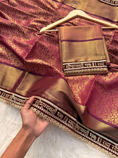 Elegant Wine Maroon Katan Semi Silk Saree with Attached Lace Work