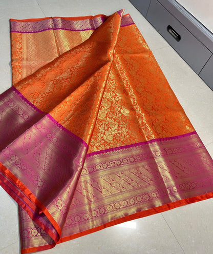 Premium Banarasi Katan Semi Silk Saree – Orange with Pink Zari Border | Bridal & Festive Wear