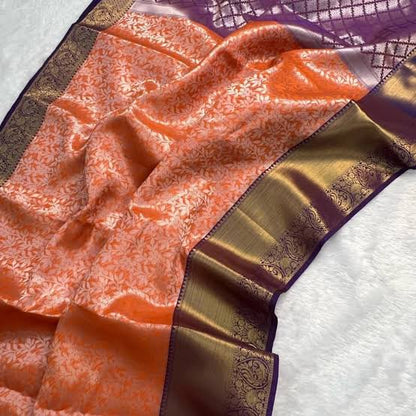 Elegant Orange & Blue Semi Katan Silk Banarasi Saree with Golden Zari