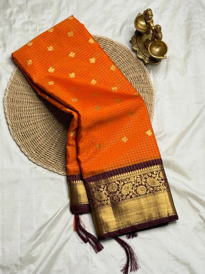 Exclusive Banarasi Premium Orange Saree with Classic Grid Weave