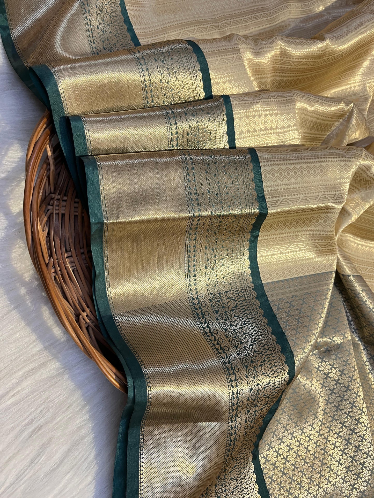 Golden Banarasi Semi Silk Saree with Green Contrast Border