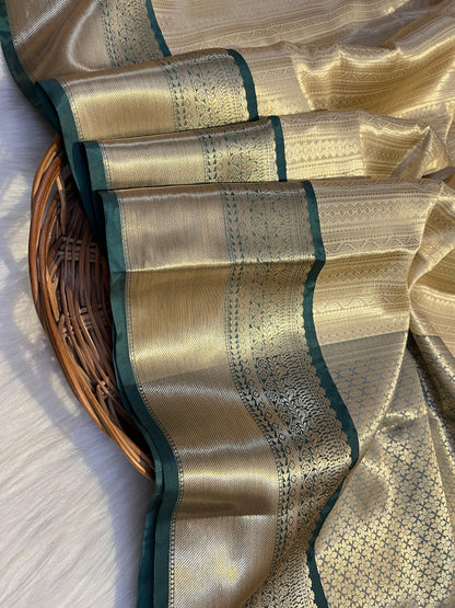 Golden Banarasi Semi Silk Saree with Green Contrast Border