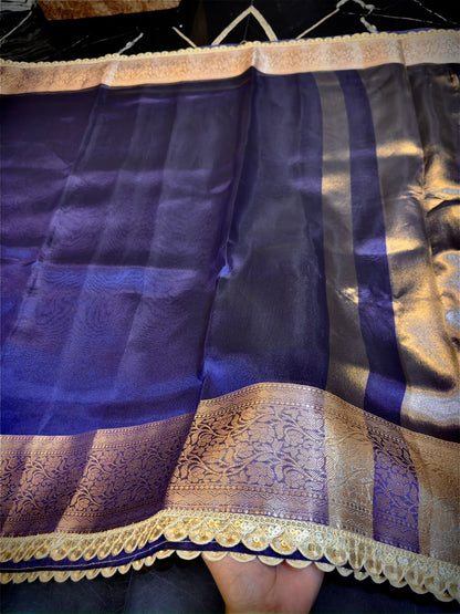 Royal Blue Tissue Attach Lace Work Banarasi Saree
