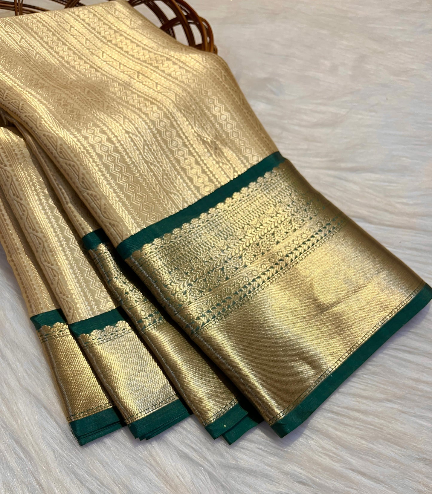 Golden Banarasi Semi Silk Saree with Green Contrast Border