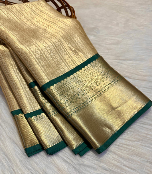 Golden Banarasi Semi Silk Saree with Green Contrast Border