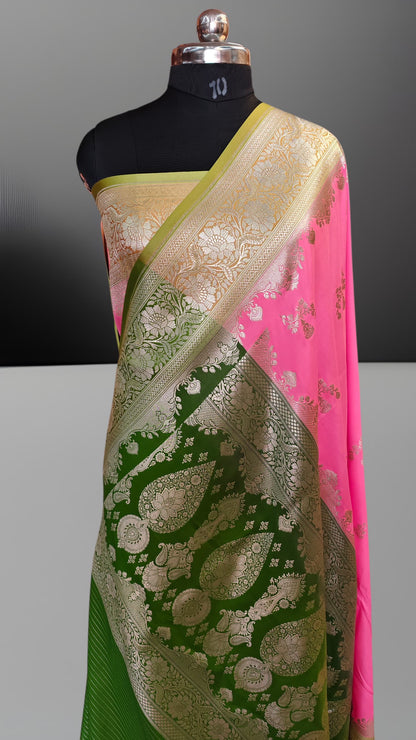 Handwoven Banarasi Katan Silk Saree – Pink with Gold Zari & Olive Border