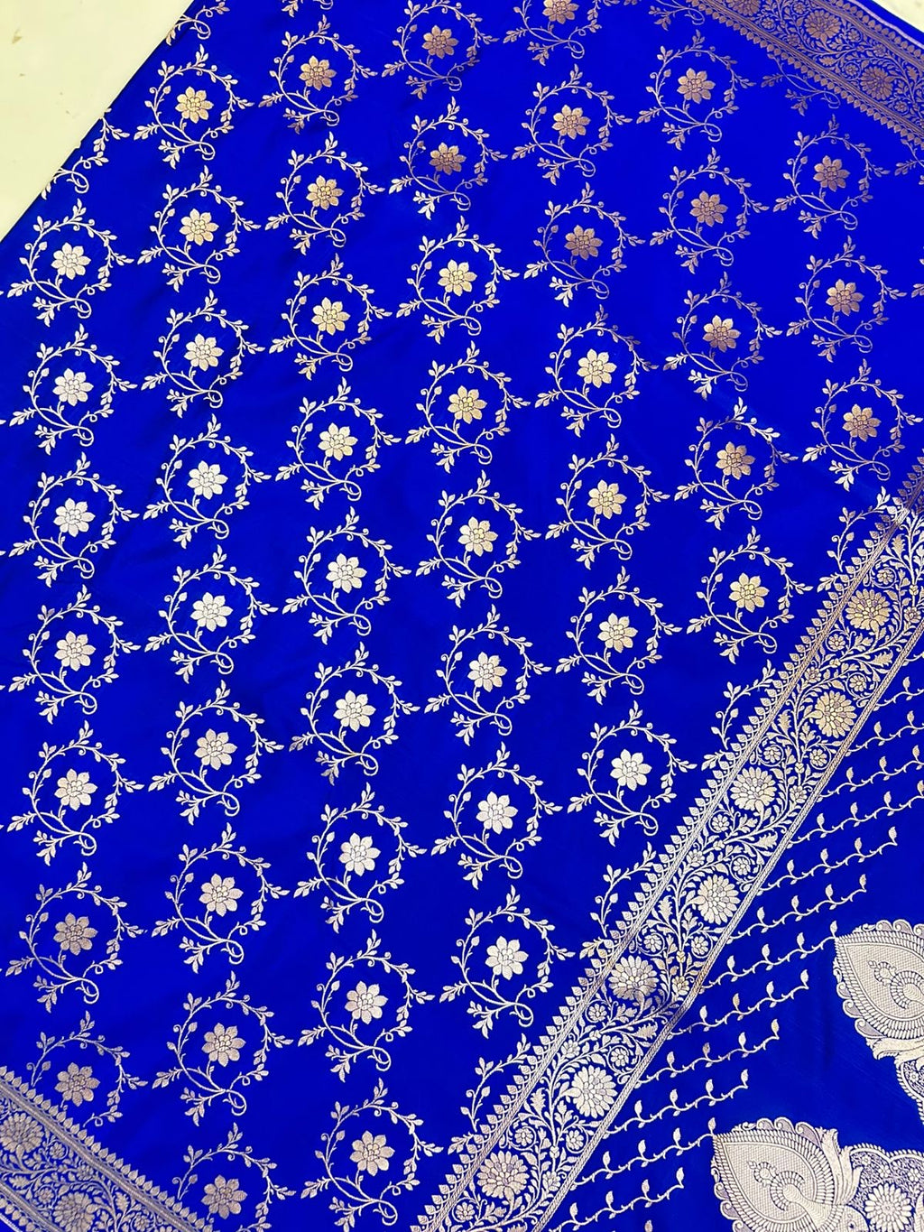Royal Elegant Blue Mashroo Katan Silk Saree with Silver Zari Floral Jaal & Rich Border