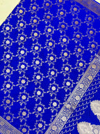 Royal Elegant Blue Mashroo Katan Silk Saree with Silver Zari Floral Jaal & Rich Border