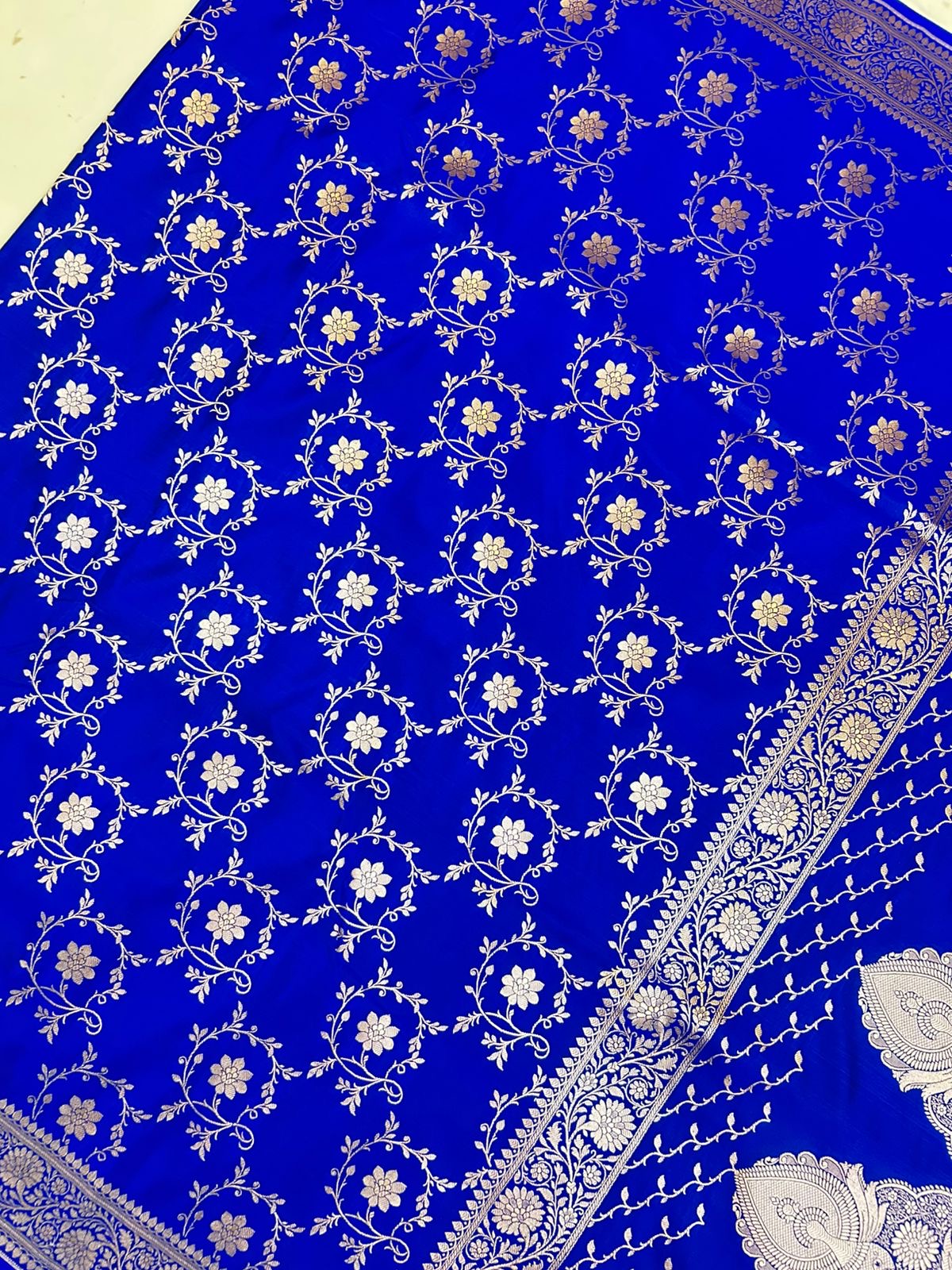 Royal Elegant Blue Mashroo Katan Silk Saree with Silver Zari Floral Jaal & Rich Border