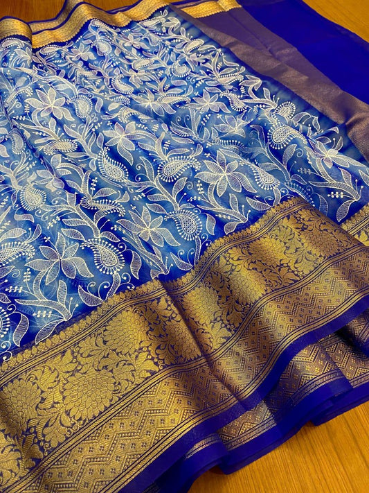Royal Blue Chikankari Organza Saree with Rich Zari Border