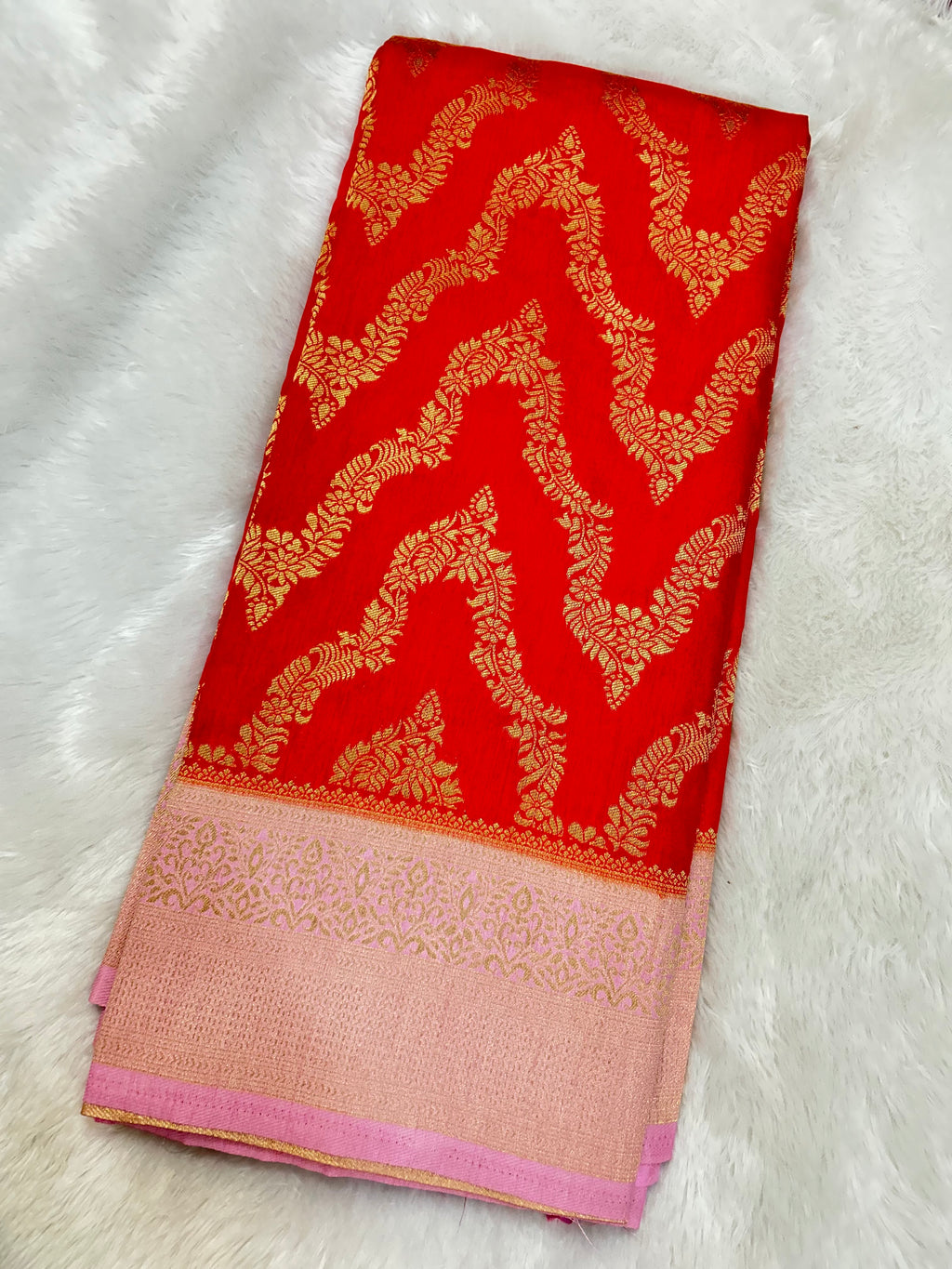 Royal Vermilion Red Banarasi Katan Silk Saree with Rich Golden Zari Weaving & Brocade Blouse Piece