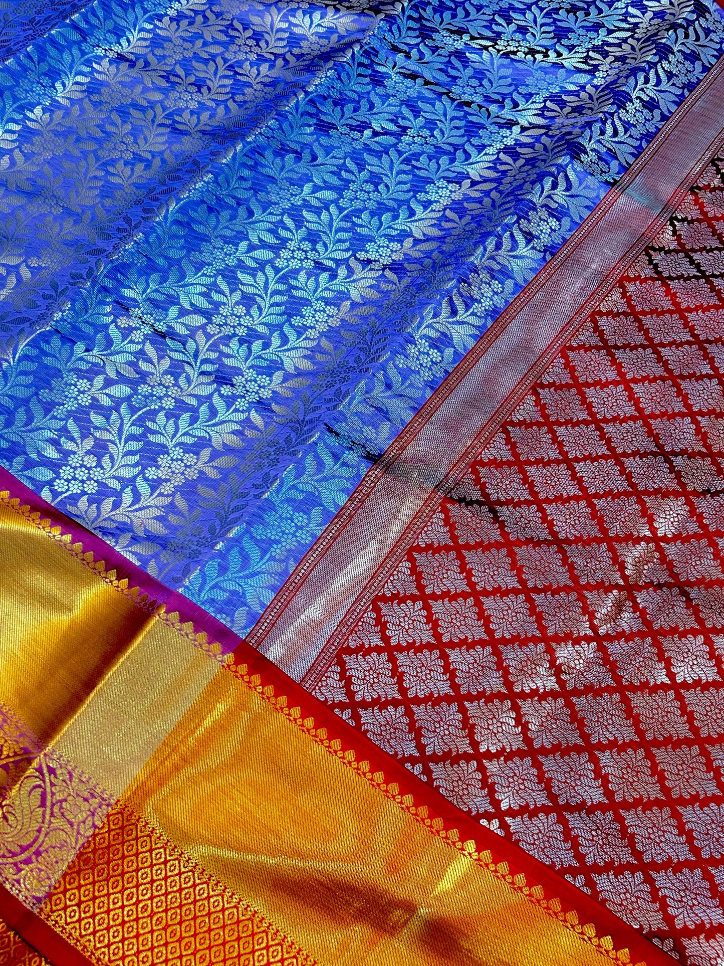 Exclusive Royal Blue & Red Banarasi Semi Silk Saree with Grand Golden Pallu