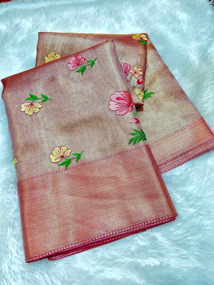 Elegant Pink Tissue Saree with Fancy Embroidery Work