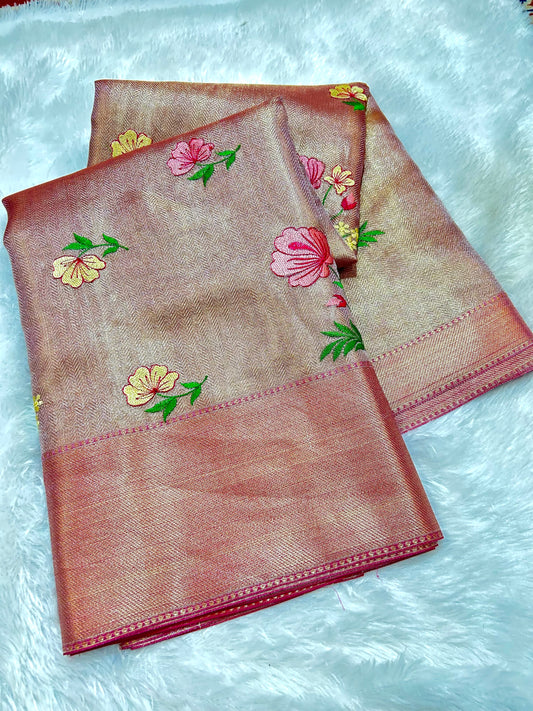 Elegant Pink Tissue Saree with Fancy Embroidery Work