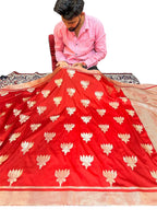 Premium Red Katan Silk Banarasi Saree with Silver Lotus Buta & Brocade Blouse (6.5m)