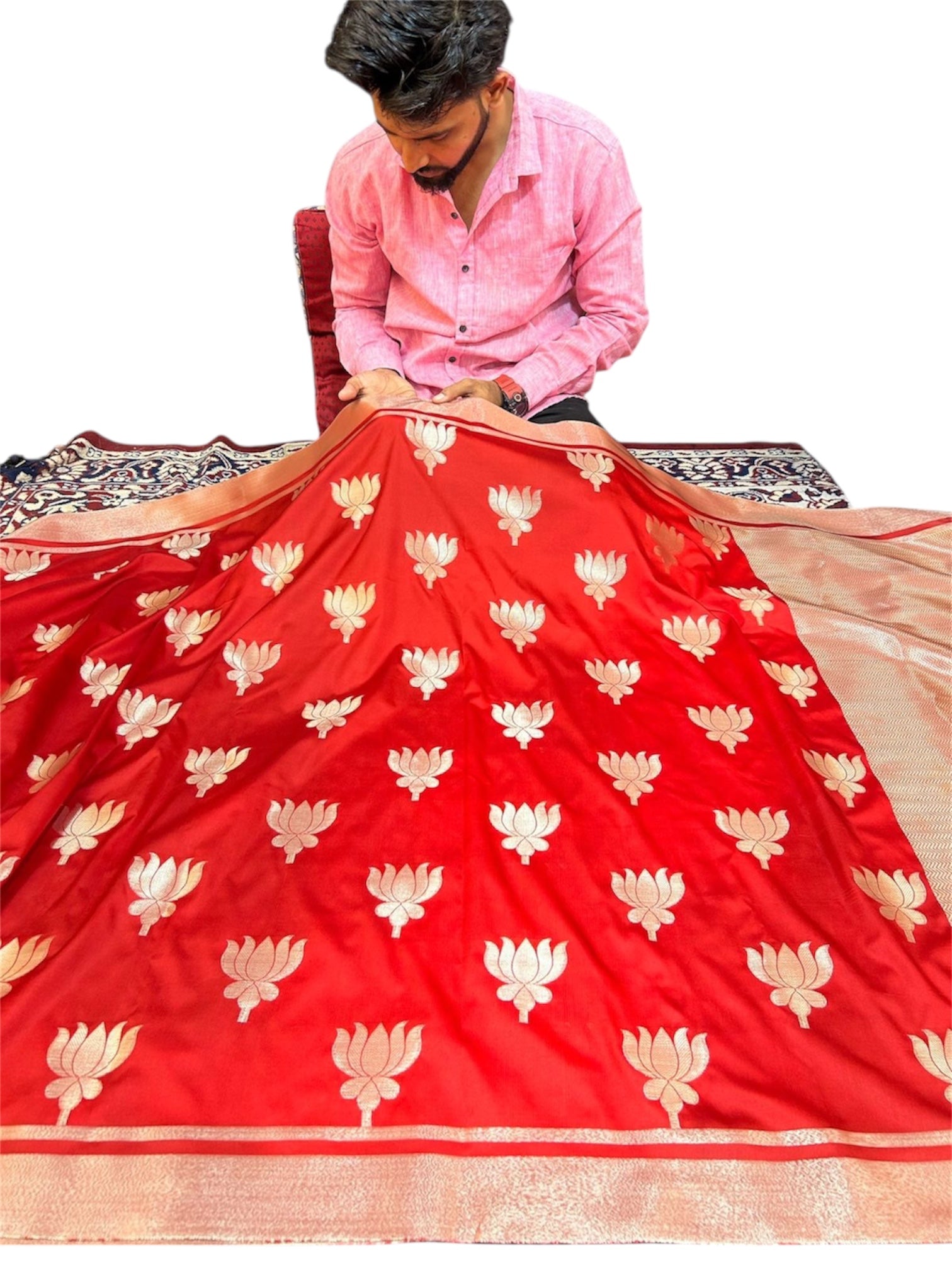 Premium Red Katan Silk Banarasi Saree with Silver Lotus Buta & Brocade Blouse (6.5m)