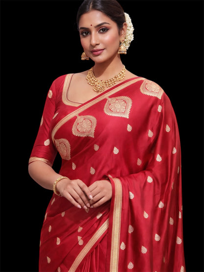 Handwoven Red Banarasi Katan Silk Saree with Gold Buti & Rich Border