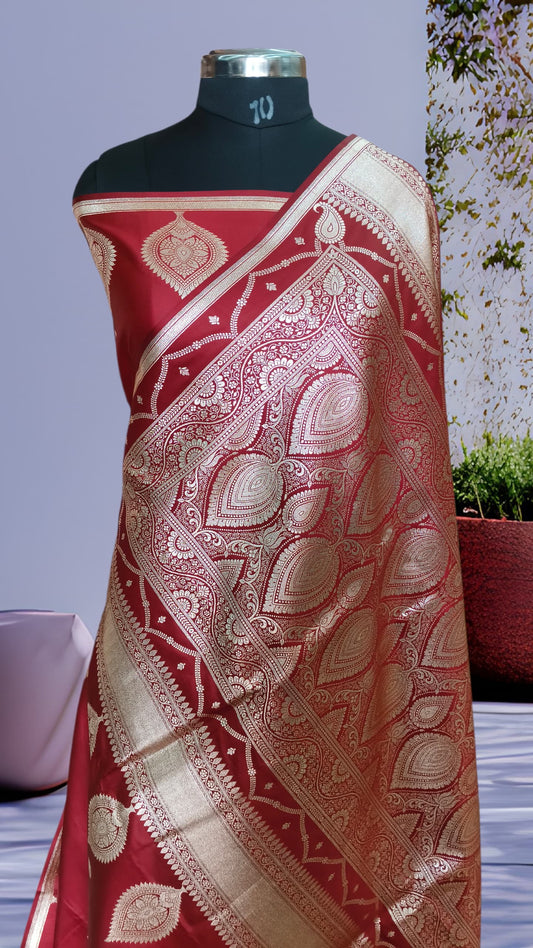 Handwoven Red Banarasi Katan Silk Saree with Gold Buti & Rich Border