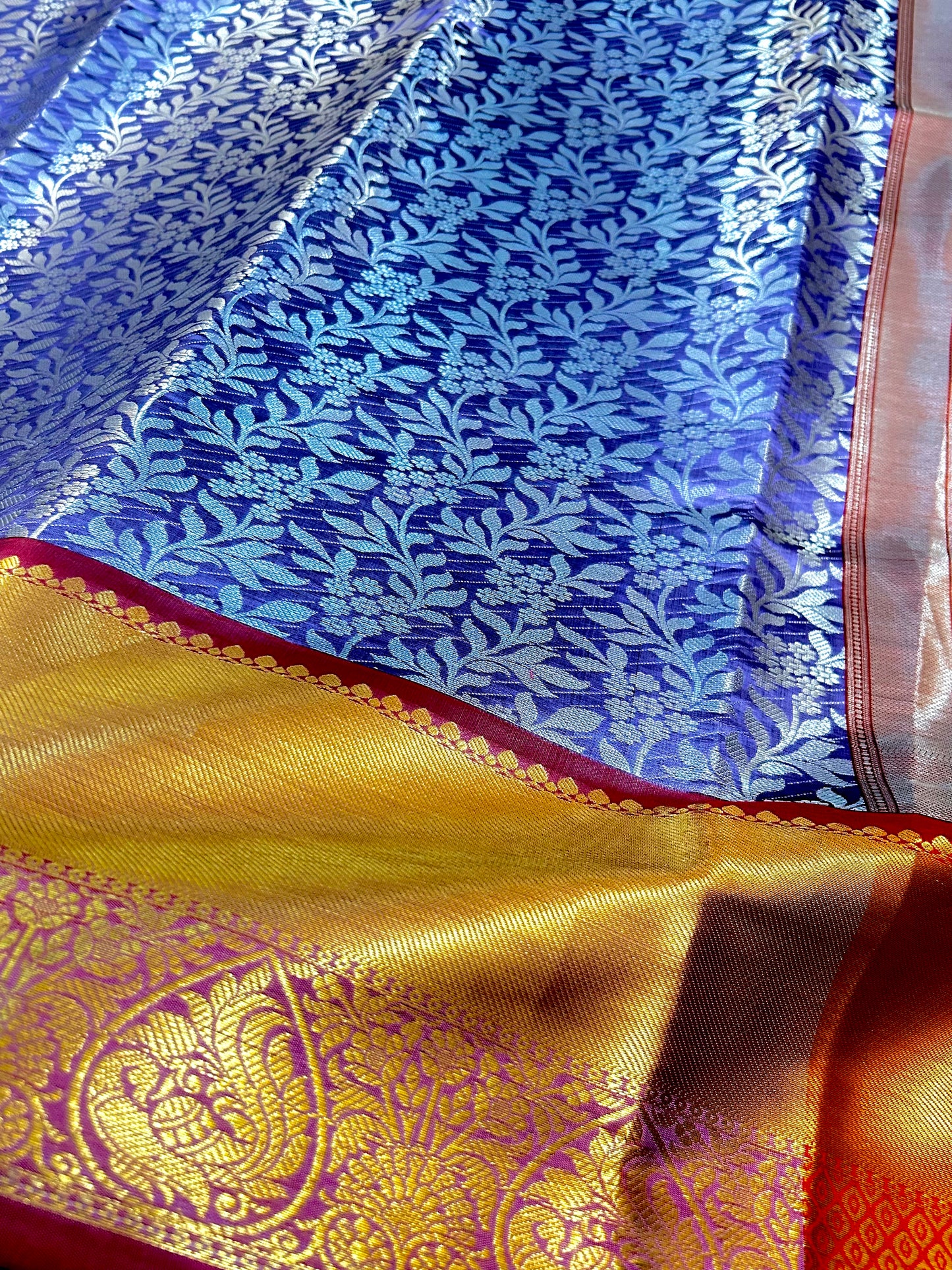Exclusive Royal Blue & Red Banarasi Semi Silk Saree with Grand Golden Pallu