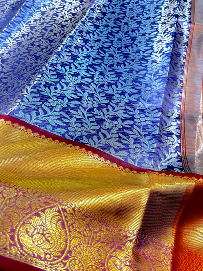 Exclusive Royal Blue & Red Banarasi Semi Silk Saree with Grand Golden Pallu